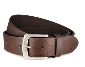 Leather belt dark brown buffalo leather antique silver buckle