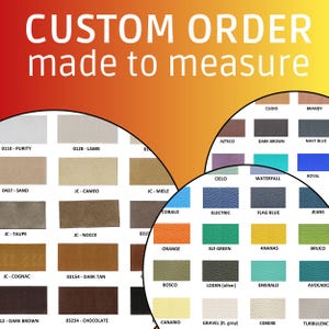 Può includere: Una cartella colori con uno sfondo sfumato e il testo CUSTOM ORDER made to measure. La tabella mostra numerosi campioni rettangolari di pelle in varie tonalità, ciascuno etichettato con un nome di colore e un numero di codice specifico.