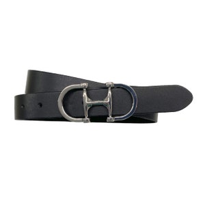 May include: A black leather belt with a silver, double-loop buckle in the shape of a horse bit.