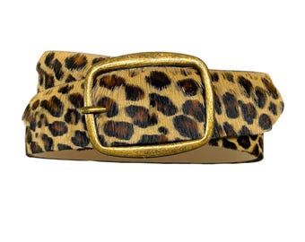 Cinto feminino de couro Leo, couro de casaco de pele, estampa de leopardo, cinto de couro bovino macio, 4 cm de largura.