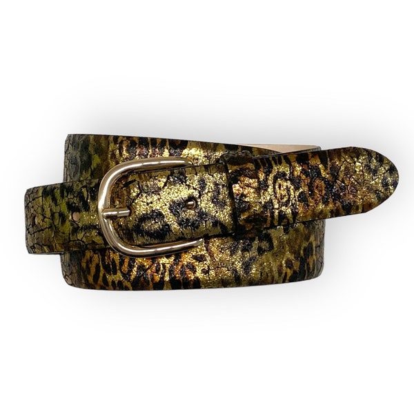 Ladies belt gold metallic leather belt with gold buckle leo design