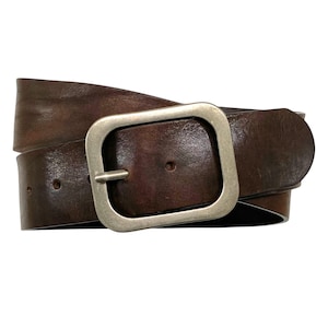 May include: A brown leather belt with a large, square, silver-coloured buckle. The belt is wrapped around itself, showing the buckle and the texture of the leather. A classic accessory.