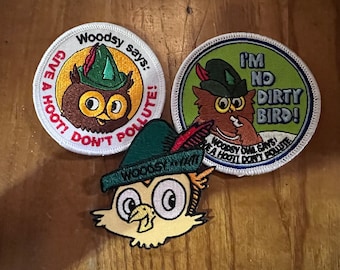 Woodsy Owl 3 pak collection - Classic, face, I'm no dirty bird. or buy separately, plus an extra random patch included