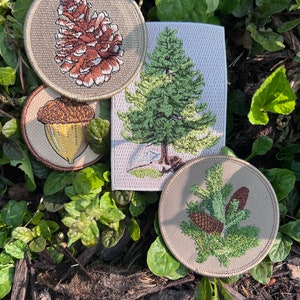 May include: Three embroidered patches featuring nature-themed designs. The first patch is beige and features a brown pine cone. The second patch is beige and features a green pine tree. The third patch is beige and features a green pine branch with two brown pine cones.
