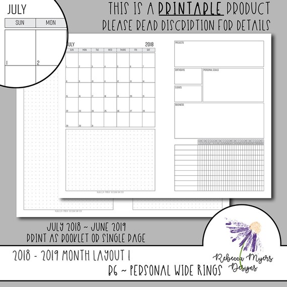 Personal Wide B6 Size Ring Bound Printable Month Calendar | Etsy