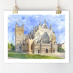 Exeter Cathedral print Exeter Devon travel poster England watercolour painting UK illustration Exeter art print South West England poster