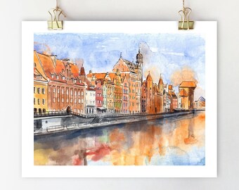 Europe print Gdansk wall art Poland art Architecture sketch Travel poster Gdansk painting Motlawa River print Europe architecture print
