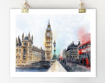 London print London wall art London watercolor painting Big Ben sketch London illustration London artwork London city London red bus Travel