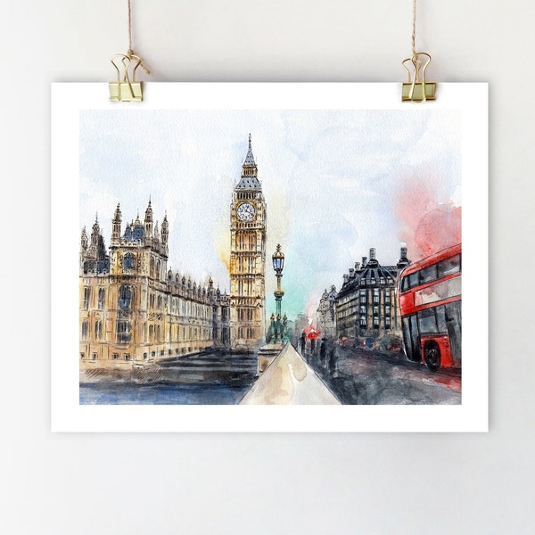 London print London wall art London watercolor painting Big Ben sketch London illustration London artwork London city London red bus Travel