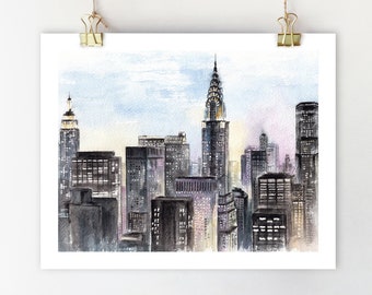 New York City Wandbild New York Druck NYC skyline New York Aquarell New York Kunst Stadtbild New York Architektur Druck