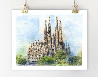 Sagrada Familia Watercolor Print, Barcelona Art, Spain