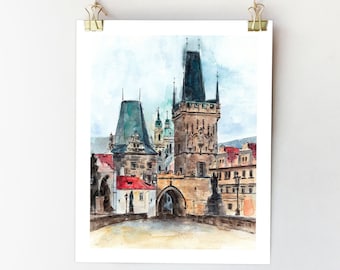 Prague Watercolor Sketch Print: Czech Republic City Art