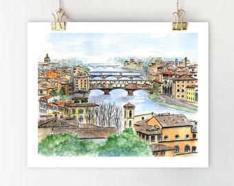 Ponte Vecchio art print. Italy wall art Florence Italy print Italy watercolor Ponte Vecchio painting River Arno Italy art Tuscany art.