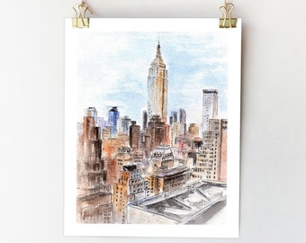 Stampa artistica acquerello di New York Cityscape: NYC Wall Art 8x10