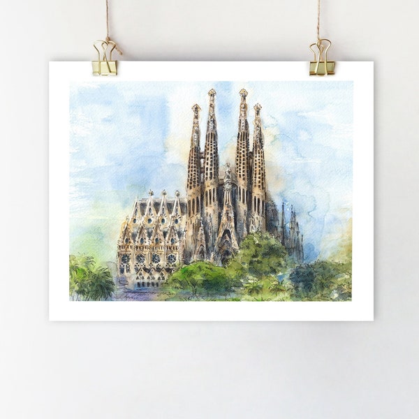Sagrada Familia Watercolor Print, Barcelona Art, Spain