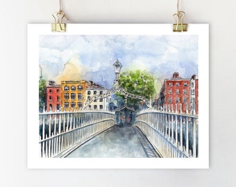 Dublin print Dublin Ireland wall art Dublin travel poster Watercolor painting Dublin sketch Dublin artwork Ha'penny Bridge painting