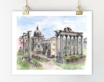 May include: Watercolour painting of the Roman Forum in Rome, Italy. The painting depicts the ruins of the Forum, including the columns of the Temple of Saturn and the Arch of Septimius Severus. The painting is done in a realistic style and captures the beauty of the ancient ruins.