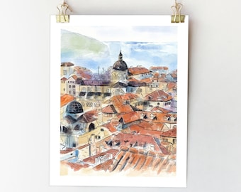 Dubrovnik Croatia Art Print, Watercolor City Sketch