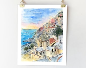 Positano Italien Kunstdruck, buntes Amalfiküste Aquarell