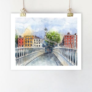 Dublin print Dublin Ierland muurkunst Dublin reisposter aquarel schilderij Dublin schets Dublin artwork Halfpenny Bridge schilderij