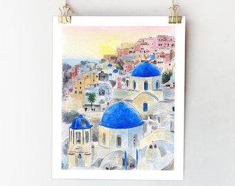 Santorini art print Santorini painting. Greece wall art. Santorini sketch Santorini watercolor Santorini illustration Greece painting.
