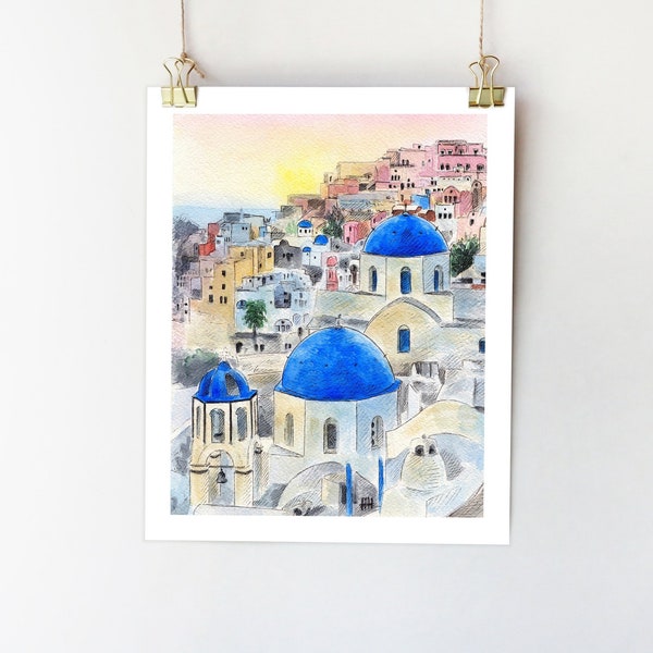 Santorini art print Santorini painting. Greece wall art. Santorini sketch Santorini watercolor Santorini illustration Greece painting.