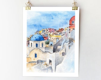 Santorini print Santorini wall art. Santorini painting. Greece art. Santorini sketch. Santorini watercolor Greece painting Greece print