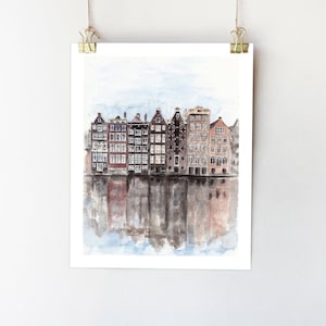 Amsterdam print Amsterdam city art Europe wall art Travel sketch Amsterdam poster Holland watercolor City painting Amstedam houses 5x7 8x10 image 1