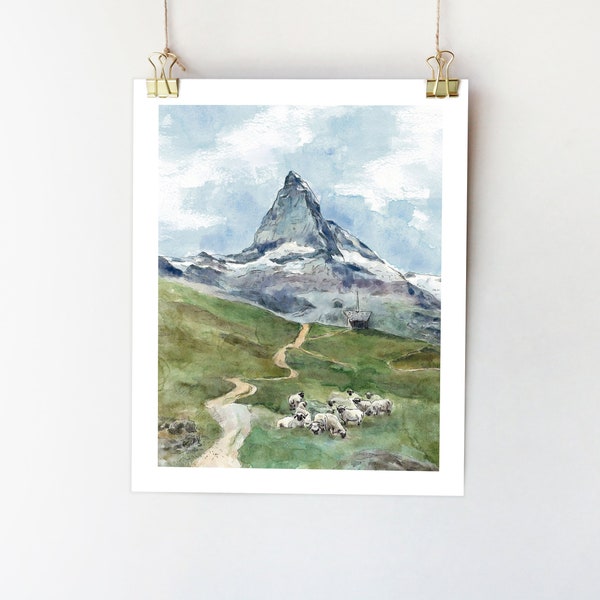 Impression d'art Cervin, peinture Matterhorn, art mural suisse, impression des Alpes Pennines, aquarelle de Zermatt, affiche de la montagne, impression d'art de la Suisse