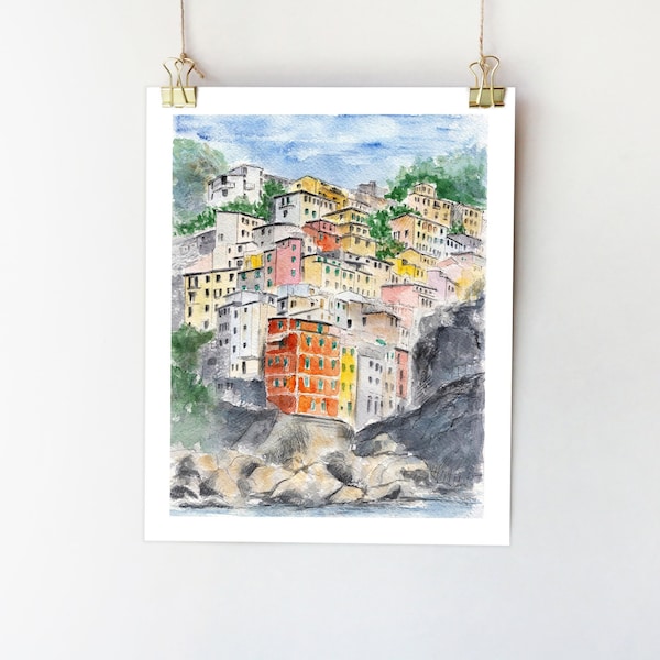 Cinque Terre painting art print Italy wall art Riomaggiore print Italy art Colorful painting Cinque Terre art Cinque Terra poster 5x7 8x10