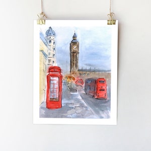London Druck. London Wandkunst. London Aquarellmalerei. Telefonzelle London. Big Ben-Skizze. London Illustration. London Kunstwerk.
