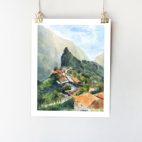 Masca poster Tenerife art print Spain painting Canary Islands wall art Spain print Tenerife watercolor Masca village art print Canary poster