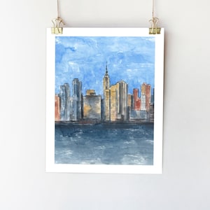 Impresión artística del horizonte de Nueva York, Empire State Building, arte mural de Nueva York, pintura de acuarela, póster de arquitectura, paisaje urbano, impresión artística de Nueva York, arte de Nueva York