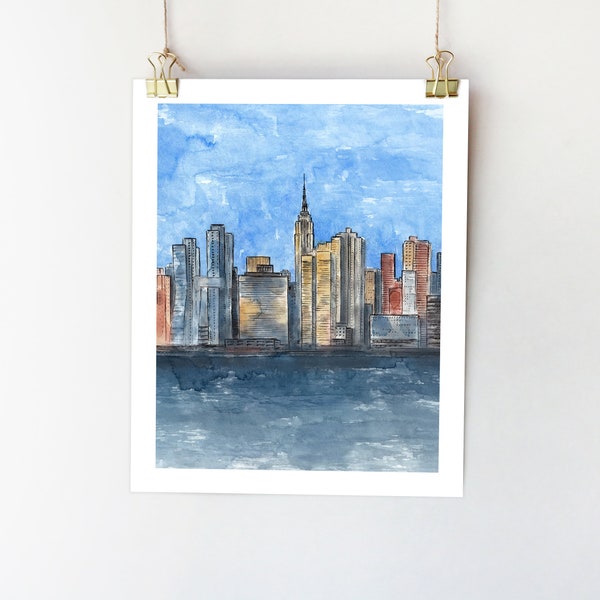 New York skyline art print Empire State Building NYC wall art Watercolor painting Architecture Cityscape poster New York art print NYC art