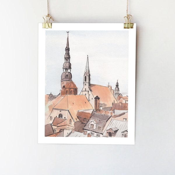 Riga old town art Riga Latvia poster Riga art print St Peter's church Riga painting City painting Old town watercolor Architecture sketch