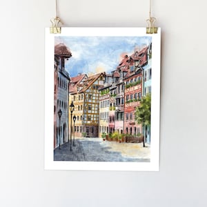 Impresión artística de Núremberg, arte mural de Alemania, impresión de Baviera, acuarela de Núremberg, póster de Baviera, obra de arte de Alemania, impresión artística de Alemania, horizonte de la ciudad