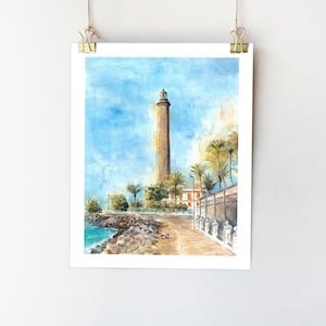 Póster de Gran Canaria, pintura de Maspalomas, impresión de Gran Canaria, arte mural de Las Palmas, póster de España, arte mural de Canarias, póster de viaje, acuarela de España.