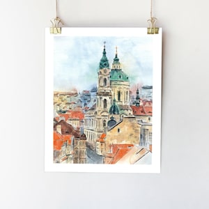 Prague print. Prague poster. Prague art. Prague wall art. Prague watercolour sketch. Prague painting. Czech Republic art St Nicholas Church