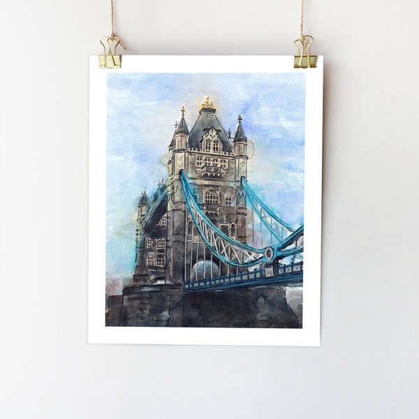 Impression de London Tower Bridge, art mural de Londres, aquarelle de Londres, illustration du pont de Londres, Londres, oeuvre d'art de Londres, art de voyage de la ville de Londres