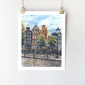 Amsterdam wall art Amsterdam city art print Europe wall art Travel sketch Amsterdam poster Holland watercolor City painting Amstedam houses