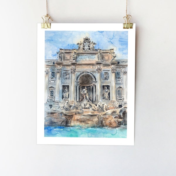 Impression de Rome, art mural de la fontaine de Trevi, art mural de l'Italie, croquis de Rome, affiche de Rome, peinture de la fontaine de Trevi, aquarelle de l'Italie, impression de l'architecture de Rome