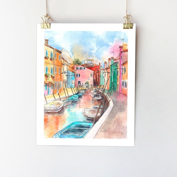 Peinture de Venise, art mural de Burano, impression de Venise, affiche de voyage, impression de l'Italie, peinture de Venise, aquarelle de l'Italie, maisons colorées, art de Venise