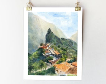 Masca poster Tenerife art print Spain painting Canary Islands wall art Spain print Tenerife watercolor Masca village art print Canary poster