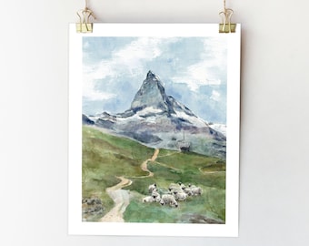 Matterhorn art print Matterhorn painting Switzerland wall art Pennine Alps print Zermatt watercolor Mountain poster Switzerland art print