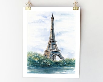 Eiffel Tower Paris Watercolor Art Print, City Travel Poster, Home Office Decor