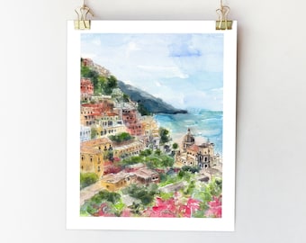 Positano Italien Kunstdruck, Amalfiküste Aquarell Malerei