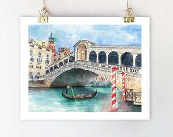 Rialto Bridge Venice painting Italy wall art Venice art print Bridge painting Venice poster Italy art Travel poster Gondola painting