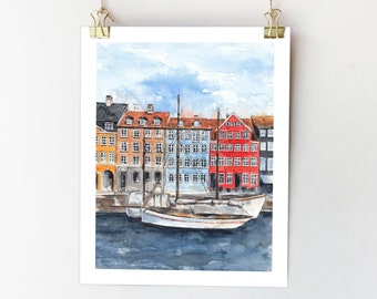 Copenhagen print Copenhagen poster Copenhagen watercolor painting Copenhagen wall art Copenhagen art Denmark poster Copenhagen Denmark art