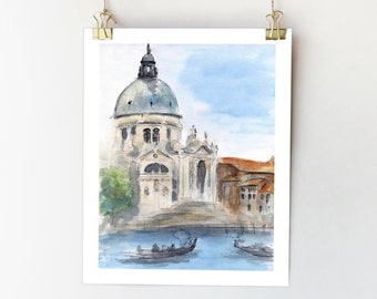Puede incluir: Pintura acuarela de un edificio blanco con una cúpula, ubicado en un canal con góndolas. El edificio tiene una cúpula azul y está rodeado de otros edificios. El cielo es azul y hay nubes.