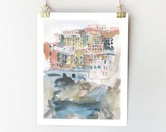 Kunstdruck „Cinque Terre, Italien“: Farbenfrohes Gemälde aus Ligurien